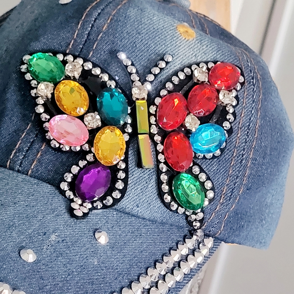 Denim Butterfly Rhinestone Baseball Hat, Adjustable - Picture 10 of 14